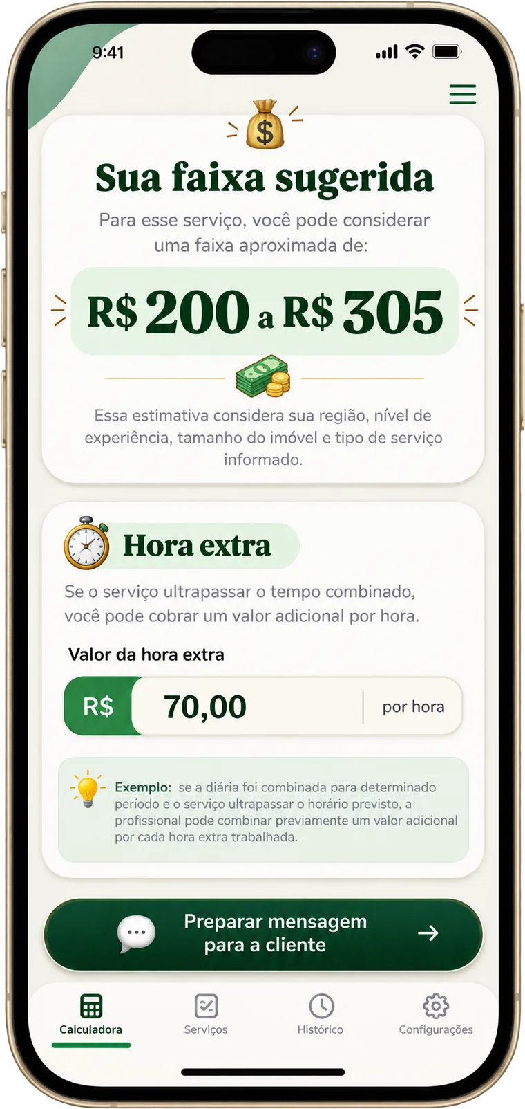 Aplicativo Minha Diária Justa mostrando a faixa de valor sugerida para a diária