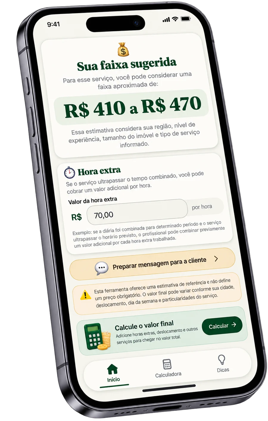 Aplicativo Minha Diária Justa mostrando a faixa de valor sugerida para a diária
